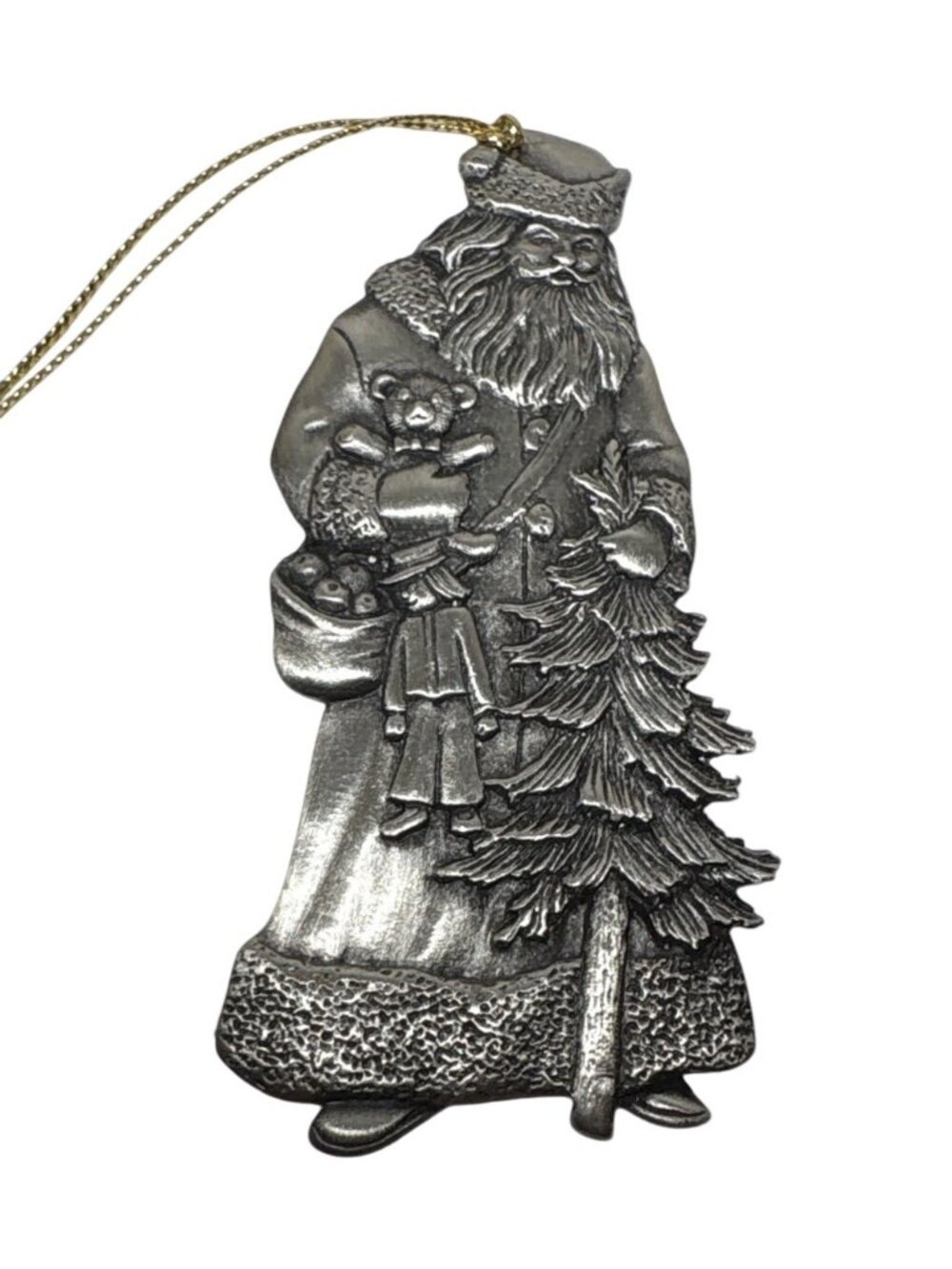 Santa Claus Pewter Ornament By Avon 1993 With Toys & Tree 3.5" Hanging Christmas